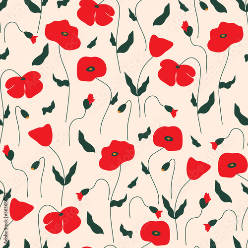 Vector seamless pattern with red poppy flowers