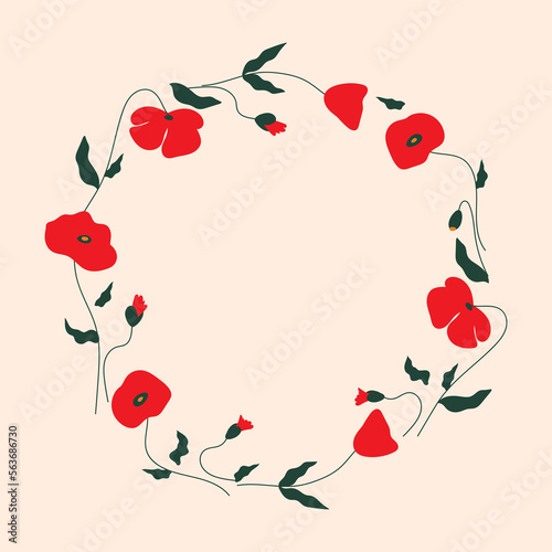 Illustration with red poppies in a round frame.  Floral frame with red flowers