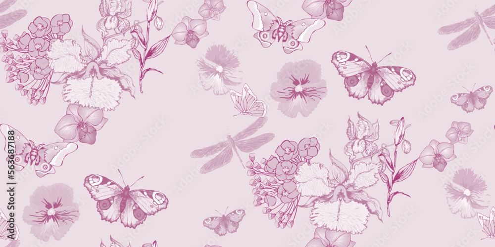 Abstract floral seamless pattern.  In style Toile de Jou. Vector illustration. Suitable for fabric, wrapping paper and the like