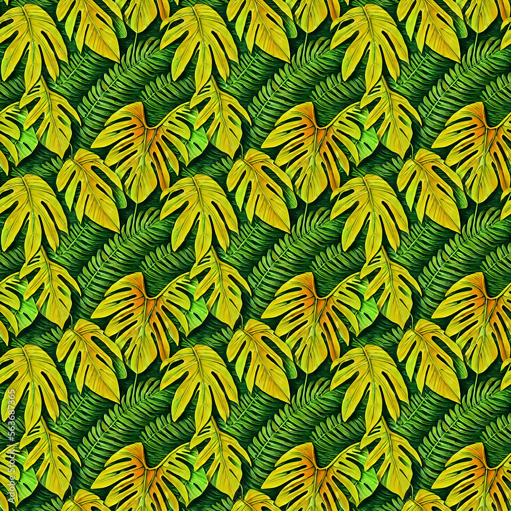 Fototapeta premium Abstract Green Tropical Leaves Seamless Patter for Fabric or Textile Texture Print. Trendy Watercolor Style Background with Jungle Palm Leaves, Fern and Ornamental Wild Plants, Generative AI art.