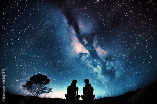 Couple of lovers are sitting at the top of the mountain looking at the stars and milky way galaxy created with Generative AI technology