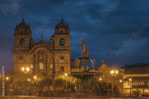 Inca Fountain and Church de la Compania de Jesus at Main Square - Cusco, Peru, the blue hour