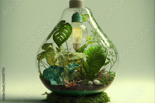 Eco Light Bulb Green Energy Power 3D Illustration, Lamp Saving Energy Ecology Environment, Generative AI