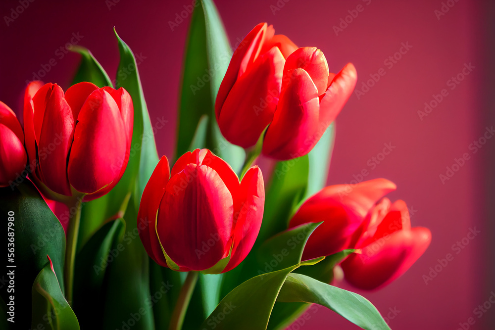 Fototapeta premium Bouquet of tulips on a red background with leaves. Illustration AI Generative