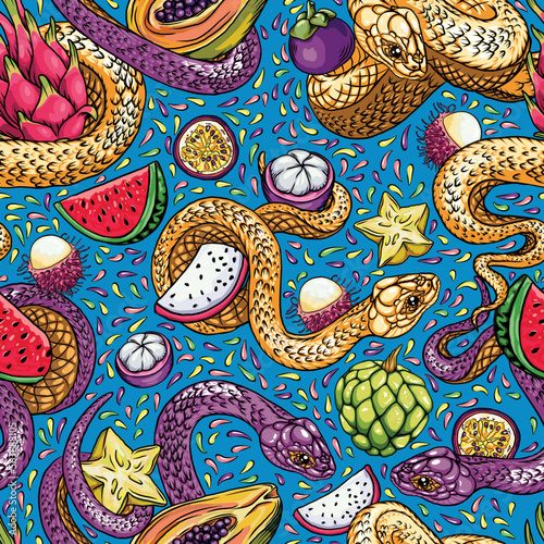 pattern of snakes and juicy fruits, colorful snakes and tropical fruits. Sketch for printing on fabric, especially bag, accessories and design. Vector, trend