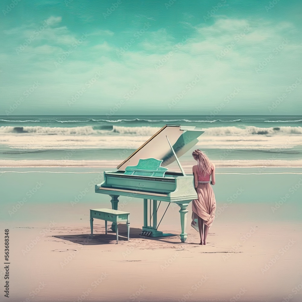 Beautiful woman playing the piano by the sea. Generative AI Stock ...