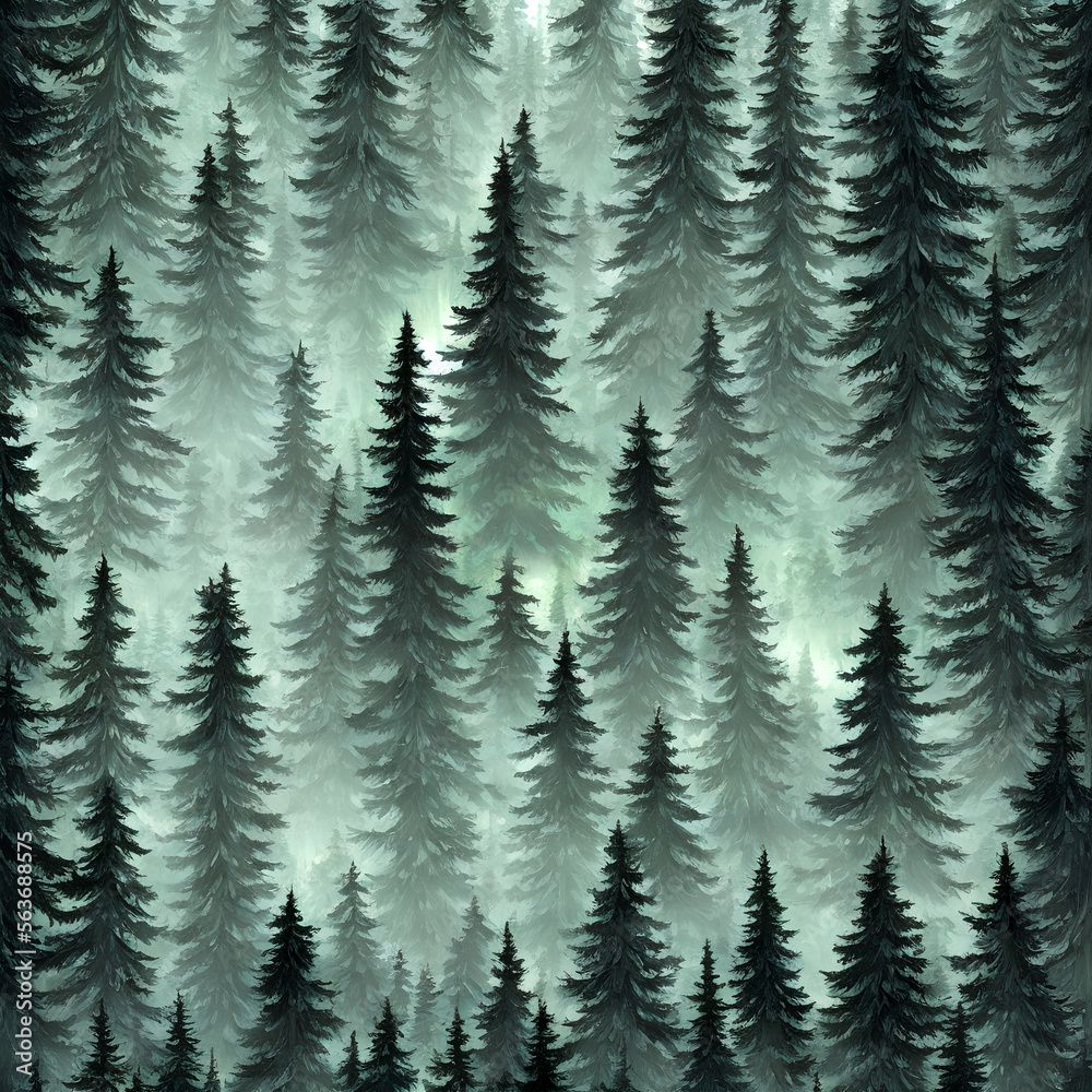 Foggy pine trees forest digital art created with AI + photoshop 