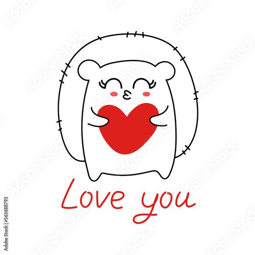 Vector cartoon illustration of a romantic Valentine's Day gift card with a cute hedgehog holding a red heart in his hands. Love you sms.