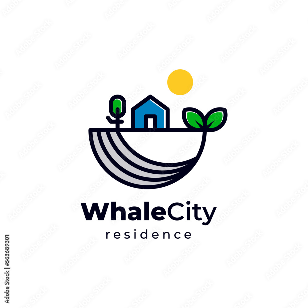 Whale city home logo icon vector. Green ecology residence creative design illustration concept Whale city home logo icon vector. Green ecology residence creative design illustration concept