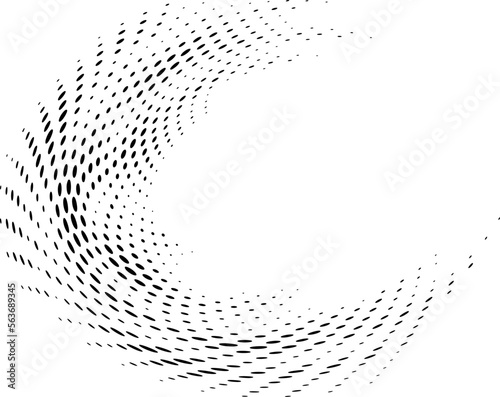 Polka dot or dotted halftone frame, simultaneously twisted, untwisted along the outer edge. Vector.