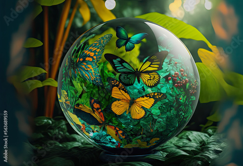ai generative illustration of colorful butterflies in a glass sphere with jungle background
