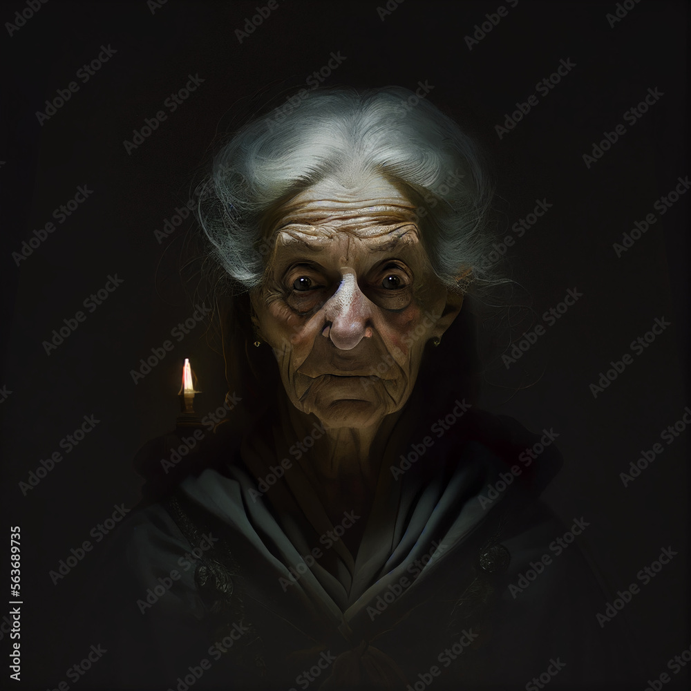 Elderly Hag Witch Woman Black Lady Old Wrinkles Grey Hair Caravaggio Style Concept Painting Generative AI Tools Technology illustration
