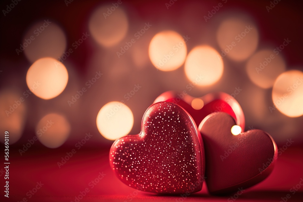 Valentines day red hearts on bokeh blurred background created with Generative AI technology