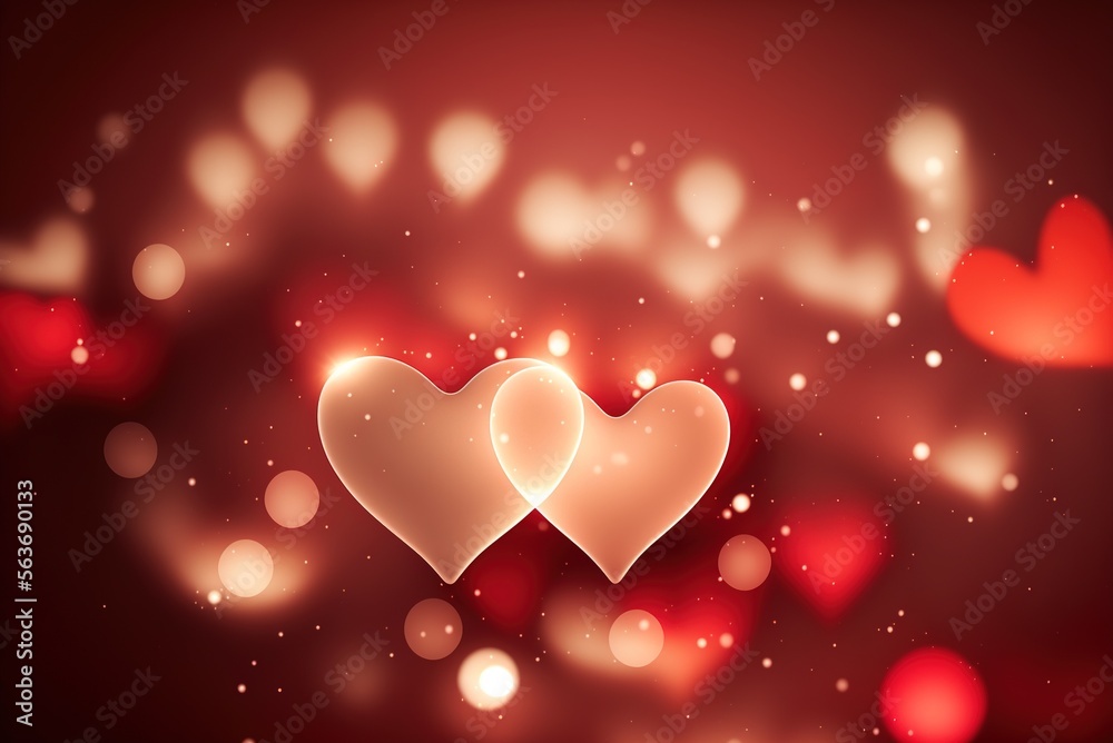 Valentines hearts on red background with bokeh and particles created with Generative AI technology