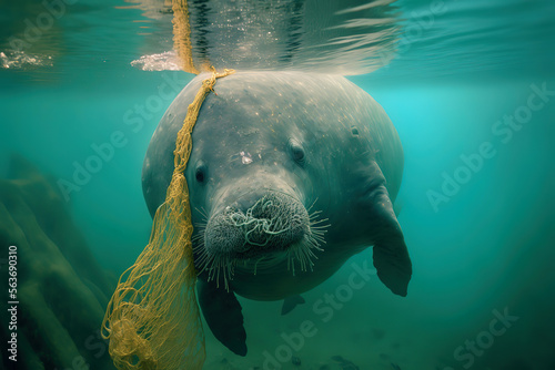 Plastic Ocean - A Deathtrap for Marine Life, as Seen Through the Eyes of a Trapped Sea Cow. AI generated picture.
