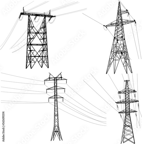 Set silhouette of high voltage power lines on a white background