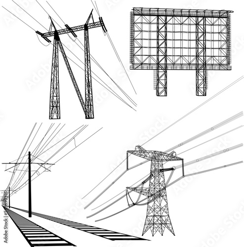 Set silhouette of high voltage power lines on a white background