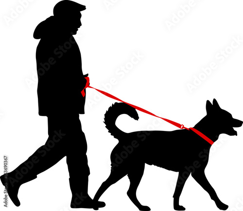 Silhouette of man and dog on a white background