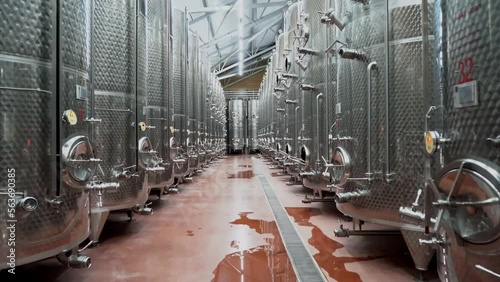 Stainless metal tanks for fermentation and storage of wine at the winery