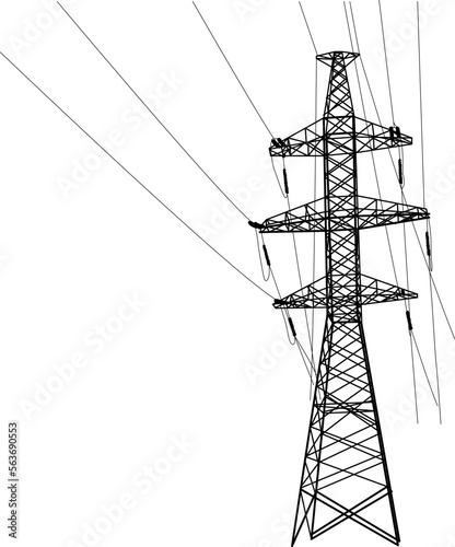 Silhouette of high voltage power lines on a white background