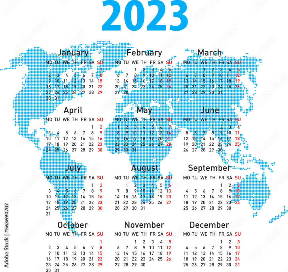 calendar 2023 with world map. Week starts on Monday.