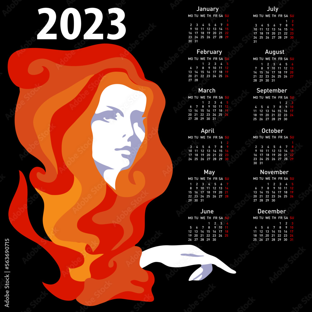 stylish-calendar-with-woman-for-2023-week-starts-on-monday-vector-de