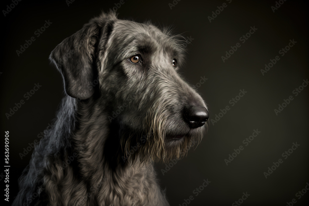 Adult Irish wolfhound against dark background. Generative AI