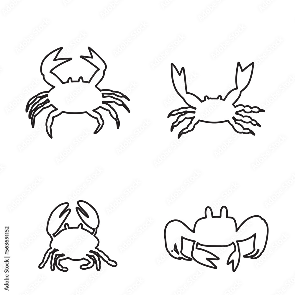Line silhouette crab on a white background. Vector hand drawn kids illustration. Sea ocean. Underwater world