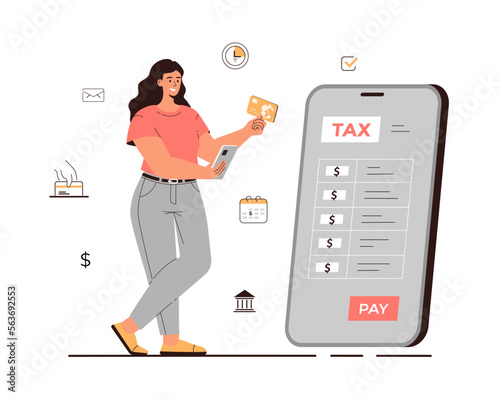 Online tax payment. Government taxation. Woman pay tax invoice via smartphone. Remote online payments, transfers and transactions. Cartoon flat vector illustration.	
