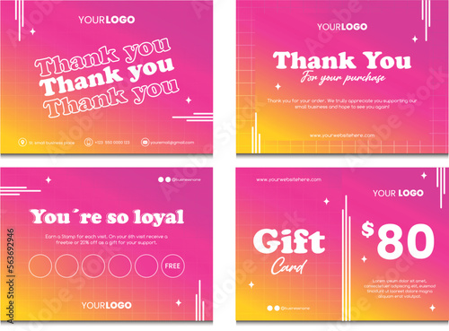 Small business cards collection. Thank you card, loyalty card and gift card editable template. Pink and yellow gradient texture. Thanks for your purchase text. Cool and femenine concept.