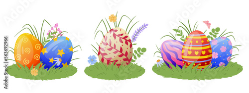 Cartoon spring eggs. Easter chocolate holiday painted eggs on grass lawn, Happy Easter colorful decoration eggs flat vector illustration set