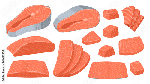 Cartoon sliced salmon. Red fish pieces, delicious sashimi slices, salmon steak and fillet flat vector illustration set. Salmon slices collection photo