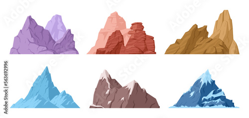 Cartoon mountains set. Hill tops and rocky range, outdoor hiking, nature landscape mountain silhouettes flat vector illustrations on white background