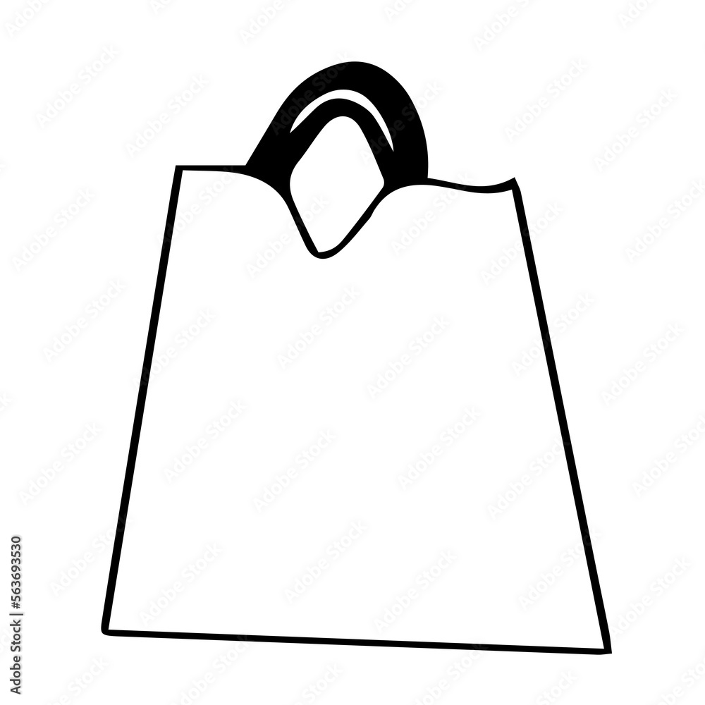 A paper bag with handles. Hand-drawn black and white vector illustration. Template, logo, sketch. A paper bag with handles. Hand-drawn black and white vector illustration. Template, logo, sketch.