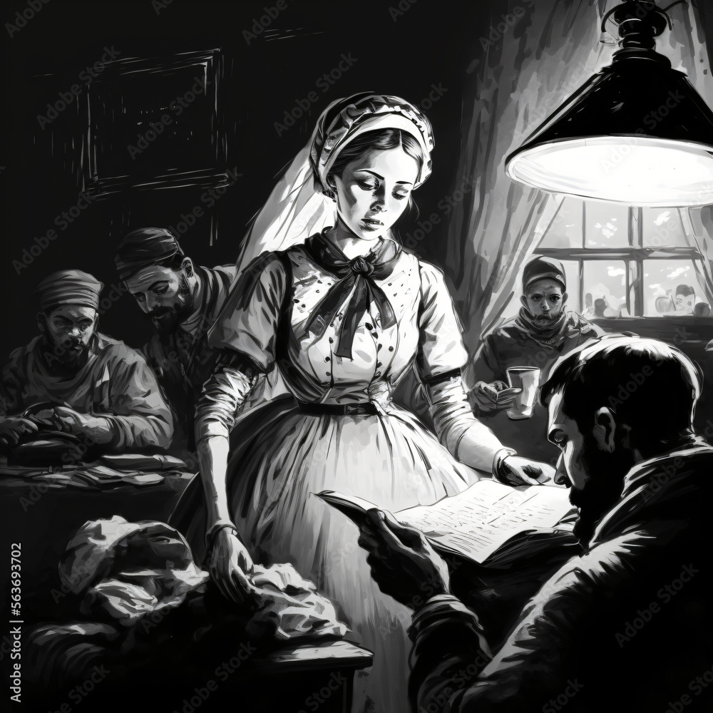 black and white illustration of a nurse tending to her patients Generative Ai