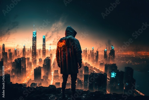 Fotografie, Obraz A person in a hoodie standing on a hilltop and looking down at a futuristic cybe