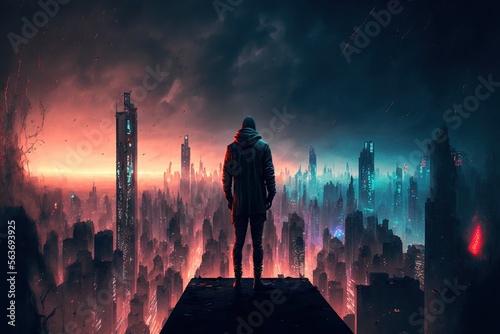A hooded figure standing on a rooftop, looking at a vibrant, futuristic cyberpunk neon city skyline during a misty night, generative ai