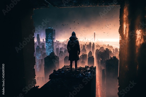 A person standing on the edge of a crumbling skyscraper, gazing out at a majestic, foggy city skyline with neon lights at night, generative ai