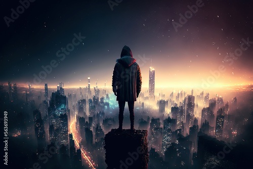 Leinwand Poster A person standing on a rooftop, looking at a foggy and futuristic cityscape with