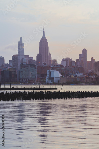 city skyline New York river water sunrise 