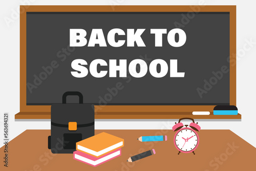 Back to school with bag blackboard book pencil chalk eraser alarm clock vector illustration