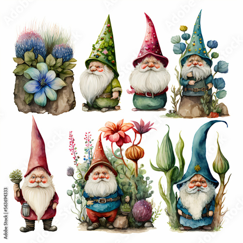 set of garden gnomes drawings isolated on a white background Generative Ai photo