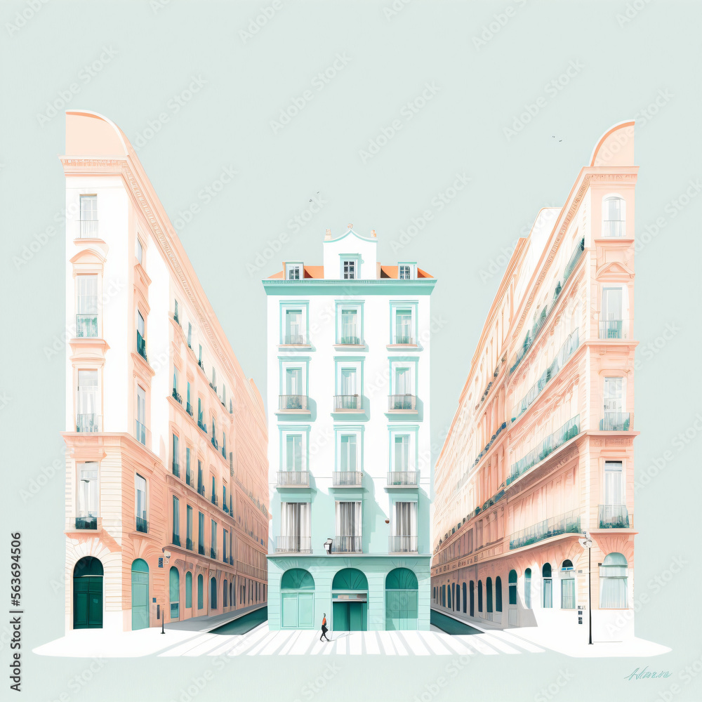 pastel color buildings illustration isolated on a blue background Generative Ai
