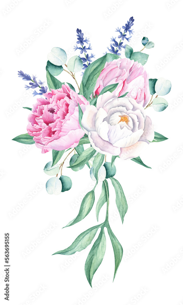 Watercolor bouquet, white and pink peony, lavender, eucalyptus. Hand painted illustration isolated on white background. Can be used for greeting cards, wedding invitations, save the date, textile and