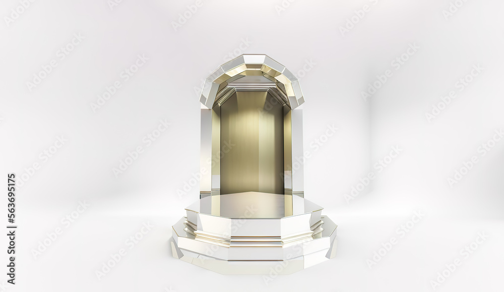 Generative AI glass podium and metal shiny material with white background and interior design with podium and stage. Abstract minimal scene with geometrical forms. Design for product presentation Generative AI glass podium and metal shiny material with white background and interior design with podium and stage. Abstract minimal scene with geometrical forms. Design for product presentation