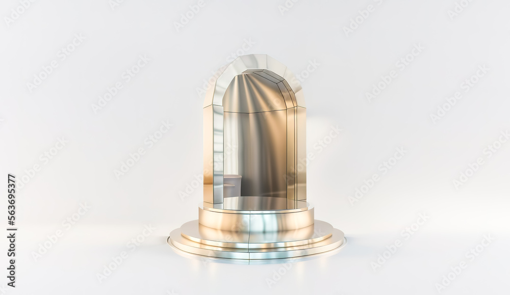 Generative AI glass podium and metal shiny material with white background and interior design with podium and stage. Abstract minimal scene with geometrical forms. Design for product presentation Generative AI glass podium and metal shiny material with white background and interior design with podium and stage. Abstract minimal scene with geometrical forms. Design for product presentation