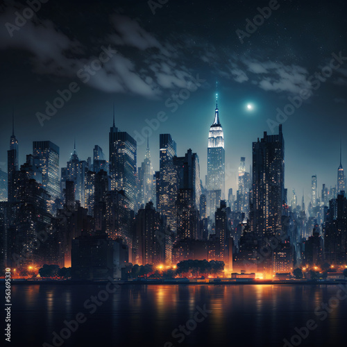 city skyline with orange street lights surrounded by a river at night Generative Ai