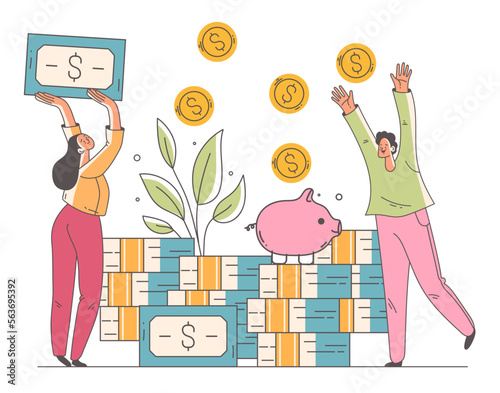 Money earn invest growth big finance income business success. Huge big pile of money and tiny small people concept. Vector cartoon graphic design element illustration 