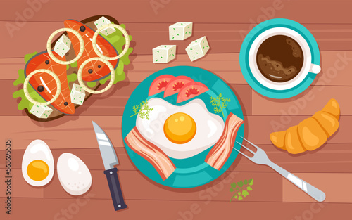 Healthy morning breakfast nutrition ingredients manu top view concept. Vector cartoon graphic design element illustration