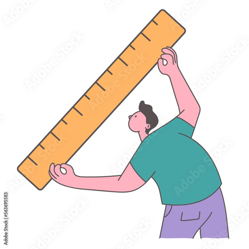 Man character doing measure with ruler isolated on white background. Doodle line art style concept set. Vector cartoon graphic design element illustration